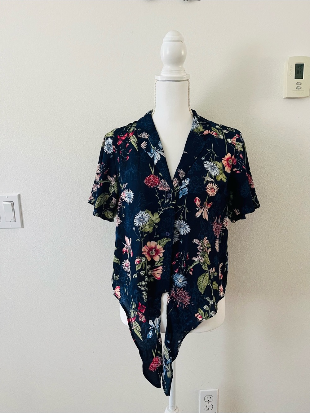 Monteau Navy Floral Button-Down Tie Front Blouse